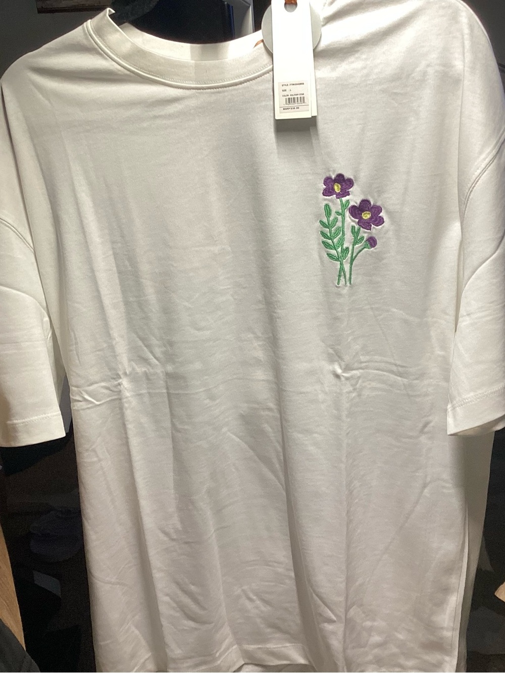 Free Planet White Short Sleeve Tee with Purple Floral Embroidery